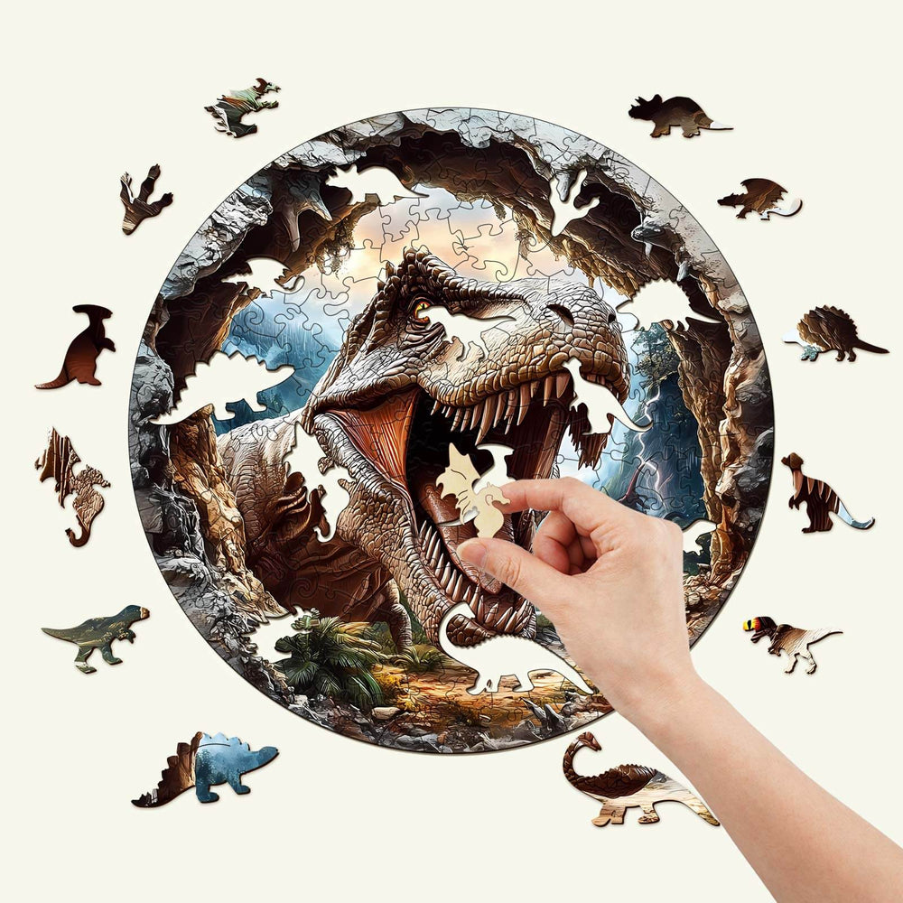 A hand placing a piece in a 3D T-Rex wooden jigsaw puzzle with dinosaur motifs.