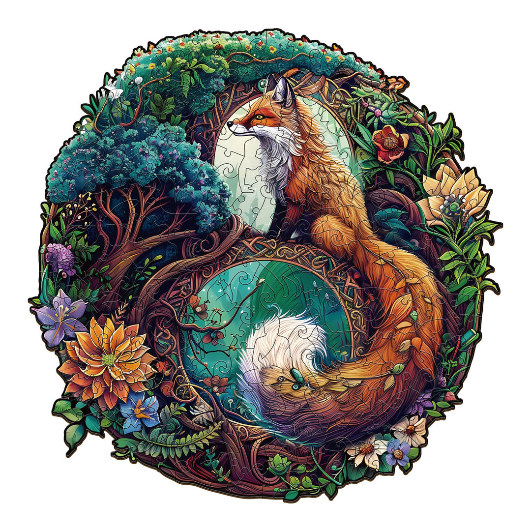 Yin Yang Fox-3 wooden jigsaw puzzle featuring a vibrant fox surrounded by colorful flowers and trees.