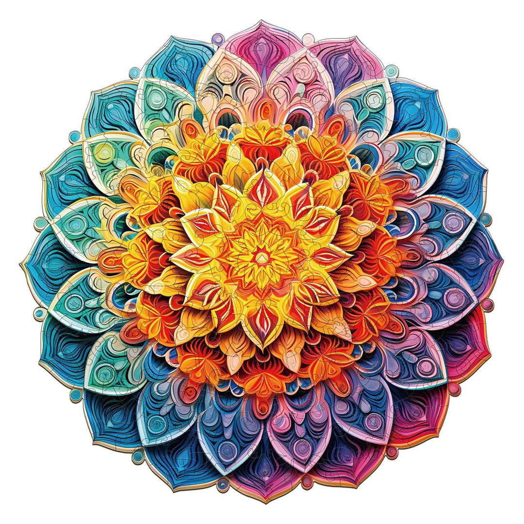 Vibrant Mandala Mirror Wooden Jigsaw Puzzle featuring intricate floral designs and colorful layers.
