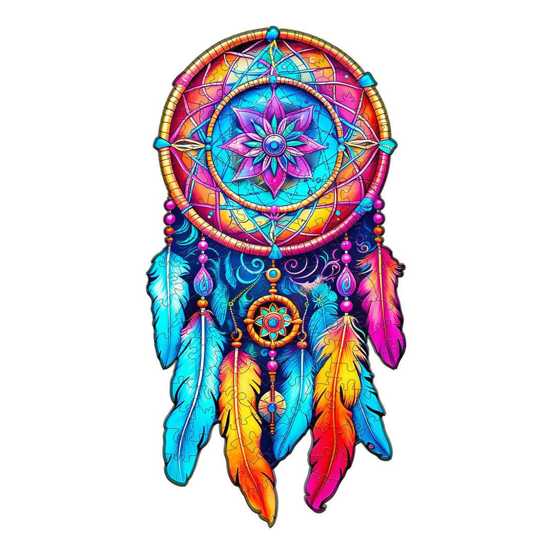 Colorful mandala dream catcher design with vibrant feathers and intricate patterns, perfect for bohemian decor.