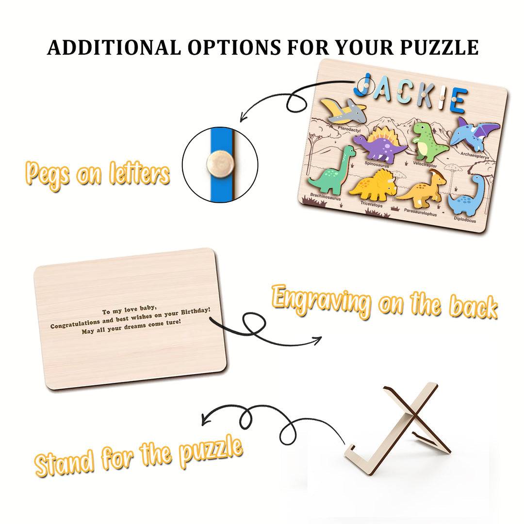 Personalized dinosaur name puzzle showcasing pegs, engraving options, and a stand for display.