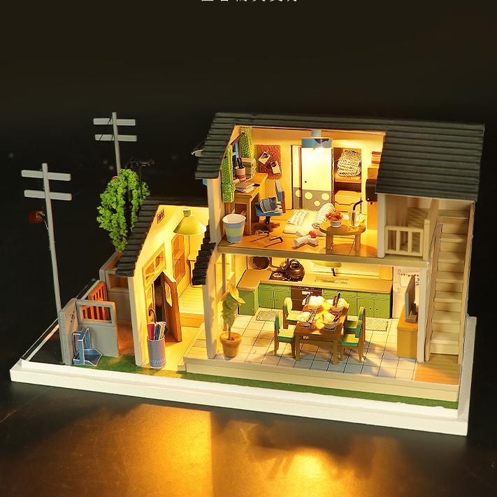 Japanese-style DIY dollhouse kit, 3D wooden puzzle with illuminated interior and detailed furnishings.