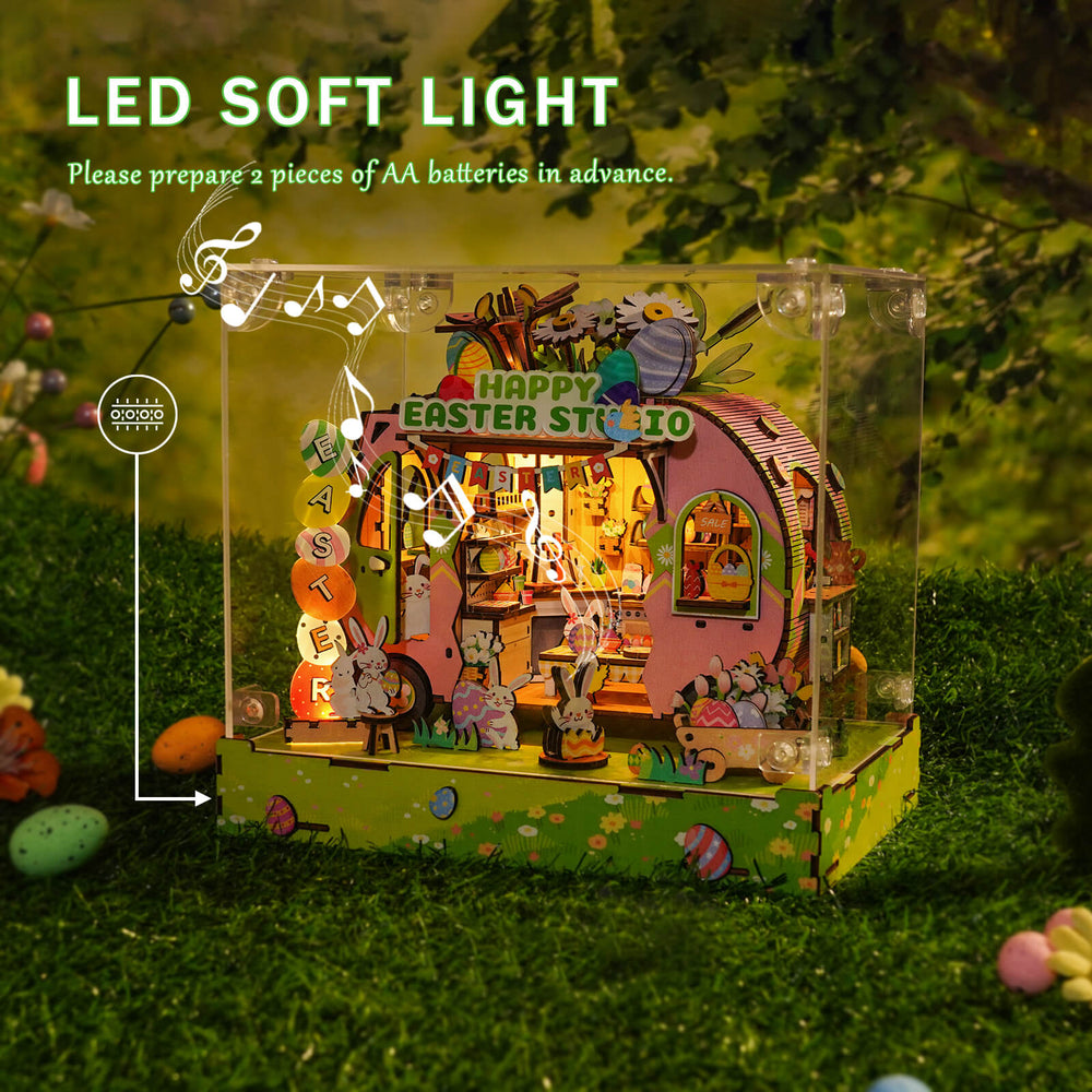 Festive Easter Egg Cart 3D puzzle with LED soft light, showcasing a charming Easter studio for seasonal decor.