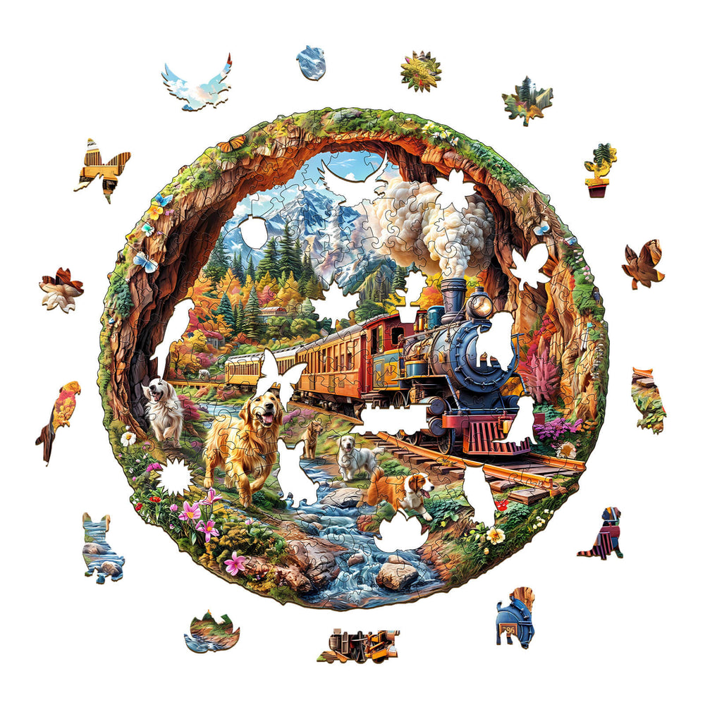 3D Racing the Train-1 wooden jigsaw puzzle with colorful train scene and missing pieces, perfect for mind games and focus.