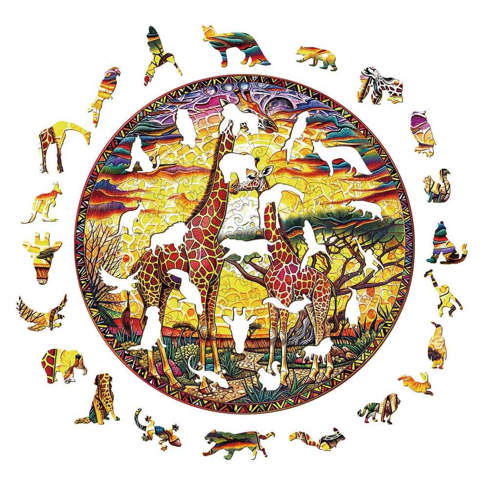 Colorful giraffe wooden jigsaw puzzle surrounded by various animal puzzle pieces, designed for brain training and focus.