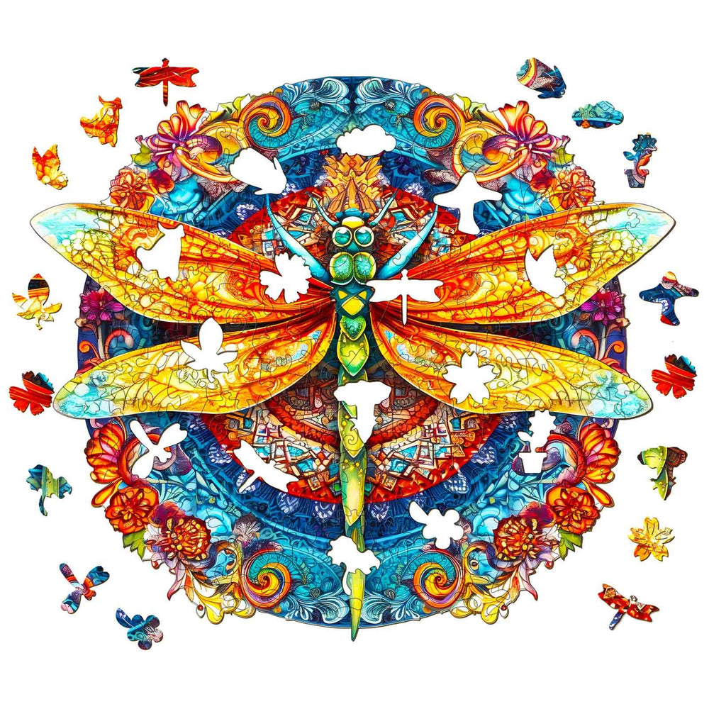 Colorful Mandala Dragonfly wooden jigsaw puzzle pieces artfully assembled in a vibrant design.