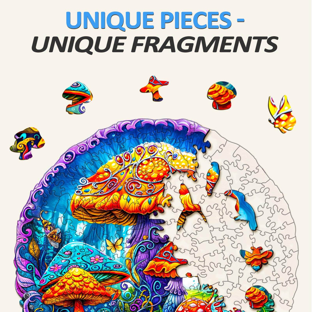 Colorful magical mushrooms jigsaw puzzle pieces scattered, showcasing unique fragments and vibrant designs.